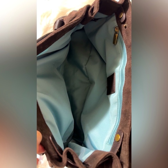 Cole Haan brown Suede Bag, 13” X 6” Blue interior, easy to clean!! Excellent bag - Picture 3 of 10